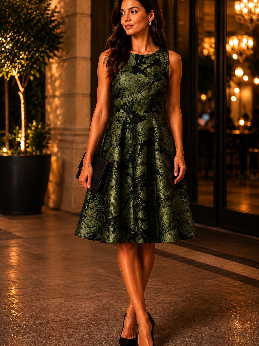 Karen Millen Green Black Botanical Fit & Flare Cocktail Dress Size 8‎